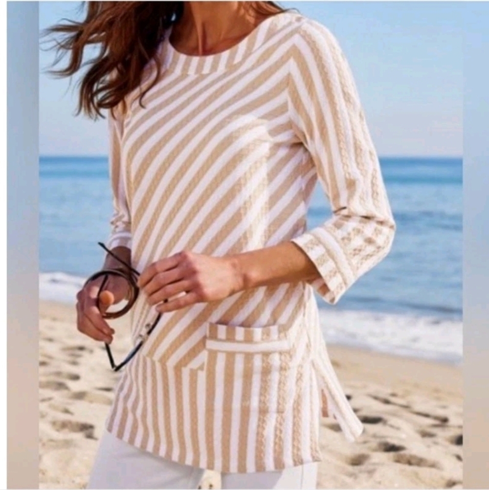 Soft Surroundings Glorietta Striped Cream Tan Tunix Top Size 2X WT70
